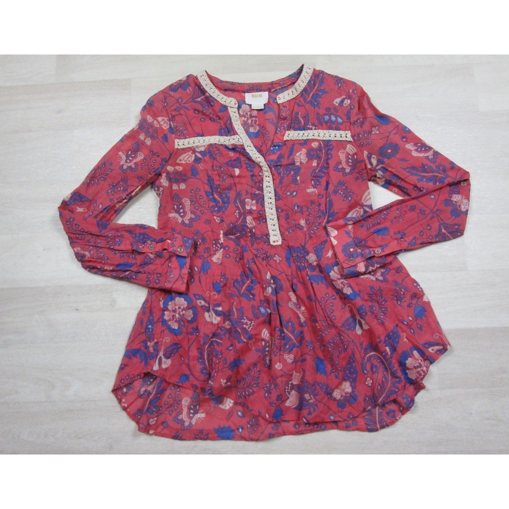 Anthropologie Maeve Abella Floral Pintuck Blouse Womens (2) Roll Tab Boho